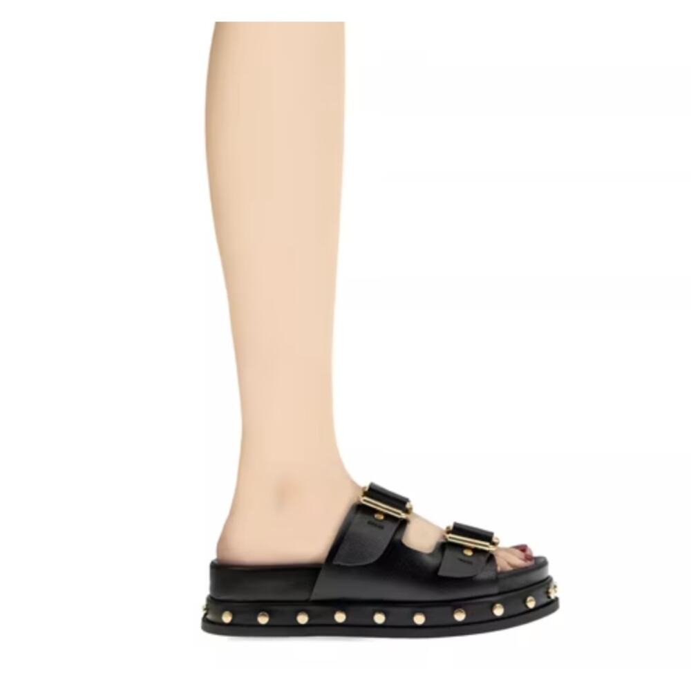 BCBGeneration Bamba Slide Sandals Women's 7.5 Black Studs Gold Buckle 2 Straps